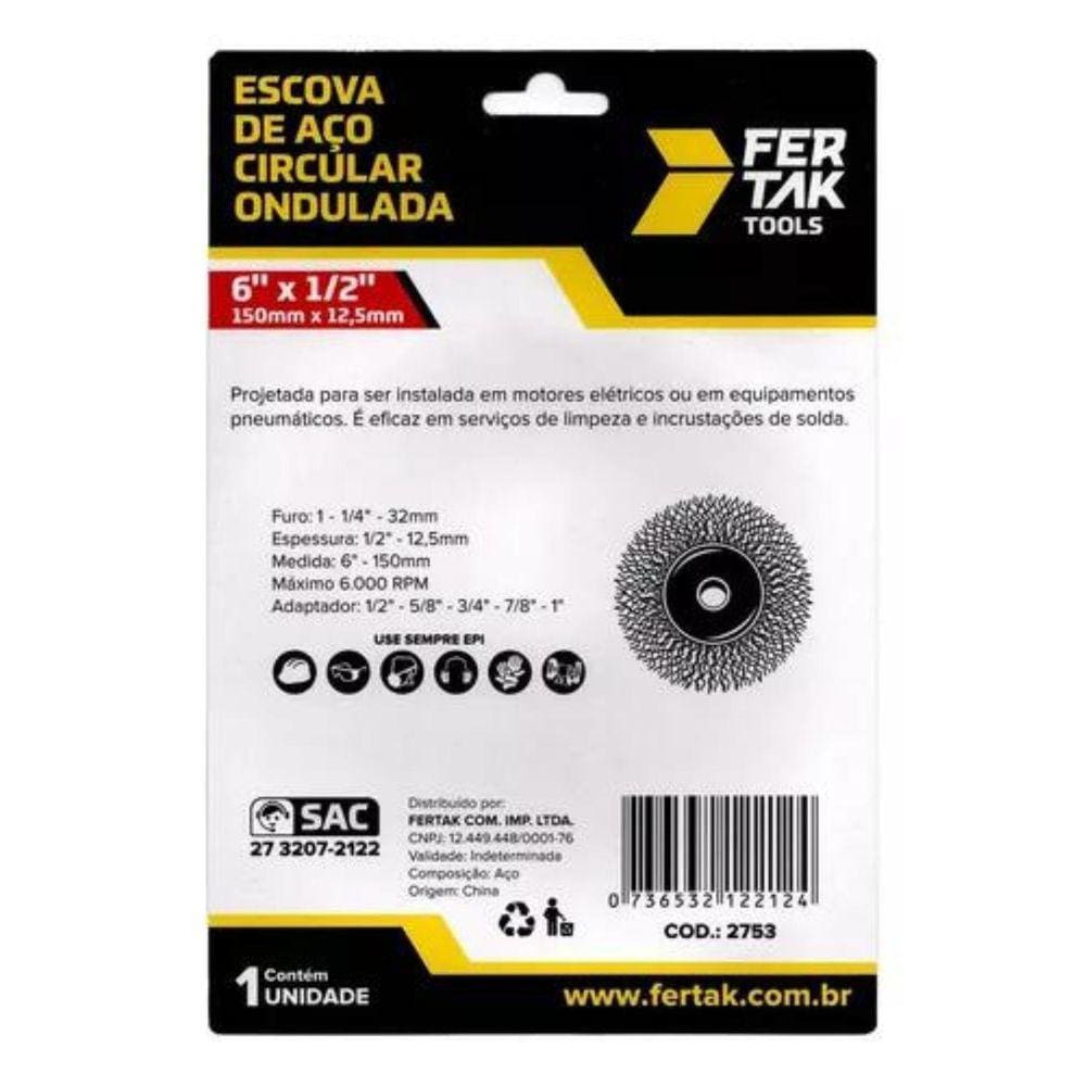 Escova De Aço Circular Ondulada 6 X 1/2 150Mm X 12,5Mm