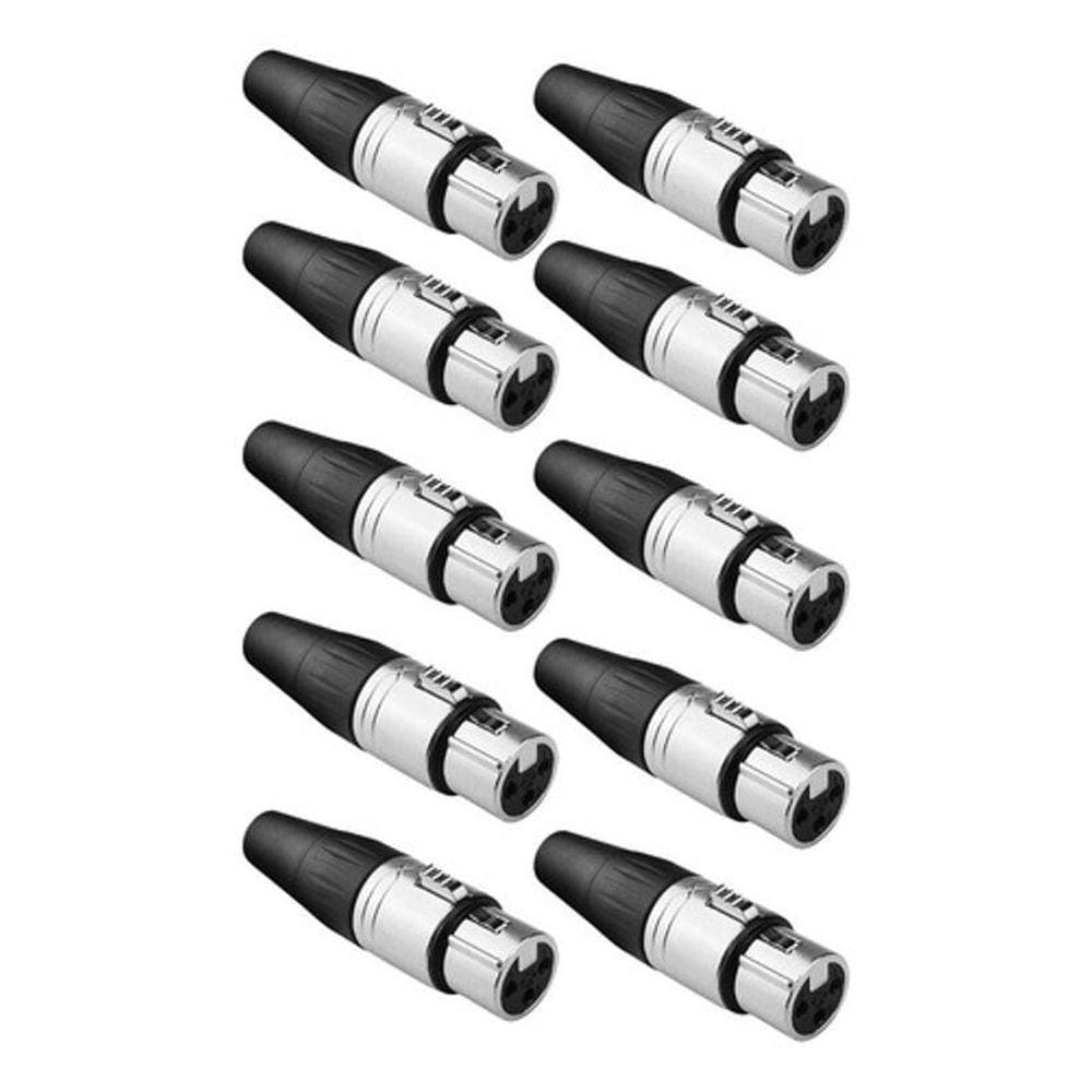 Kit 10 Conectores Xlr Fêmea Niquelado 3 Pinos Profissional