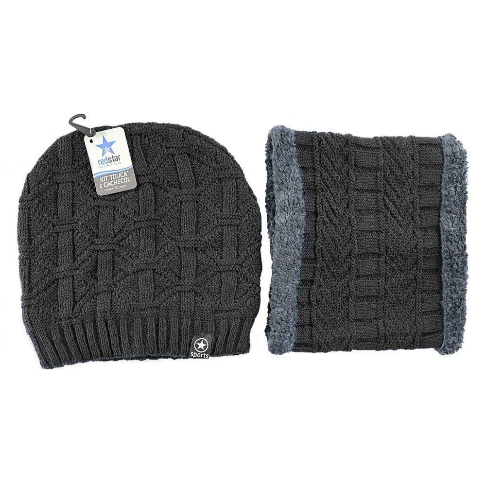 Kit Gorro de Frio e Cachecol Estilo Gola Peluciada - Preto