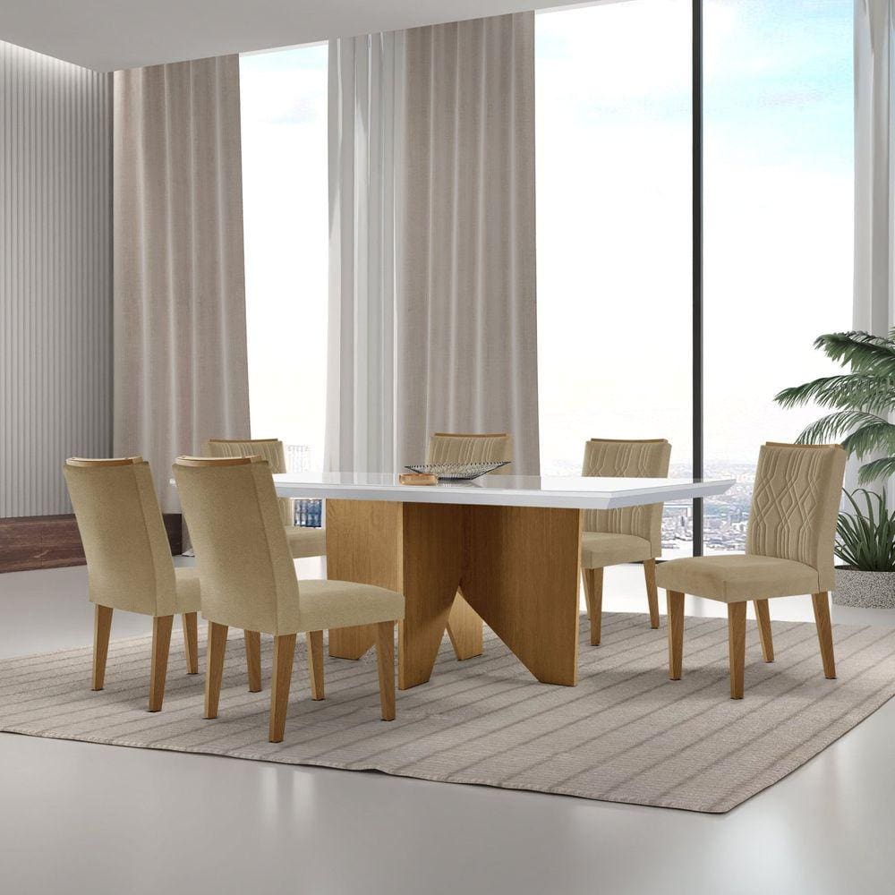 Mesa Nancy 180 Tampo Mdf Vidro Canto Reto com 6 Cadeiras Dandara Turim/Off White/imbuia/Serig. Off