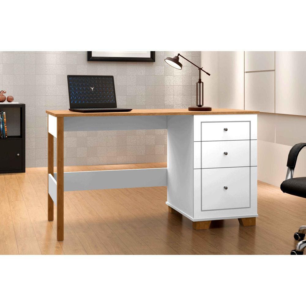 Escrivaninha Office 136cm 3 Gavetas Pés em Madeira Fenix Branco Com Nature - Rede Móveis