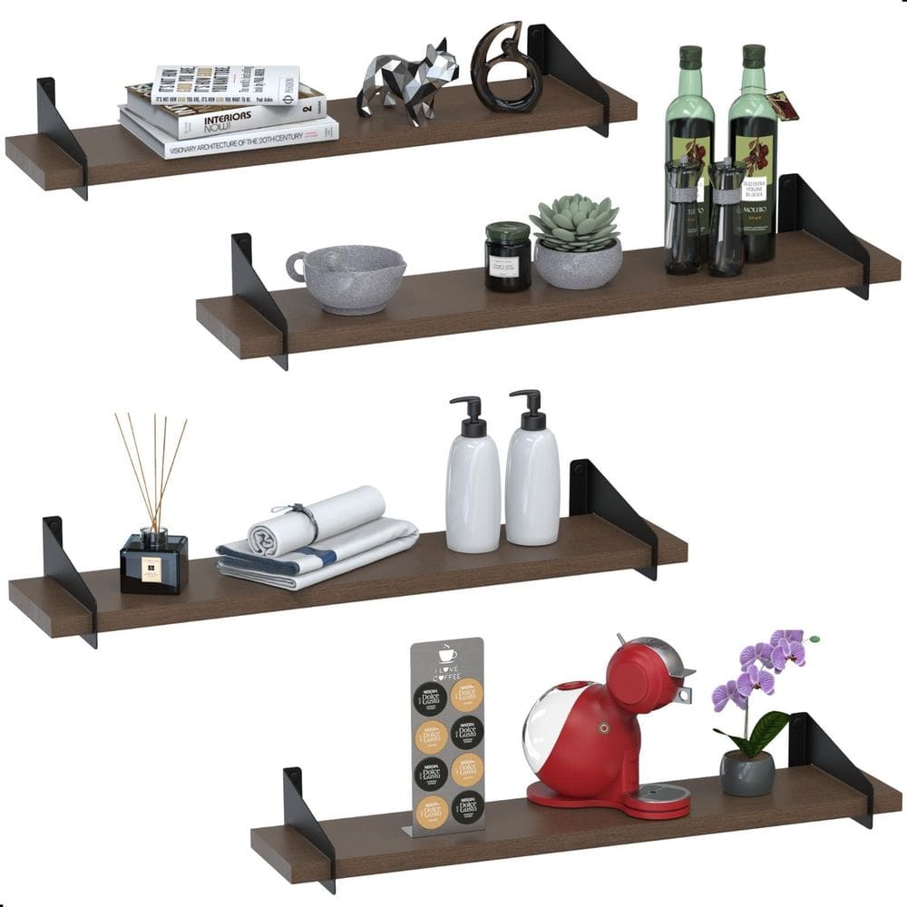 4 Prateleiras De Madeira Estilo Industrial Suspensa Max60Pm