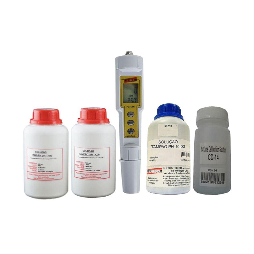 Kit Medidor Ph Digital Condutividade Elétrica Eletrodo Ec Temperatura Pct-200 Portátil Estojo Solução Calibração Tampão
