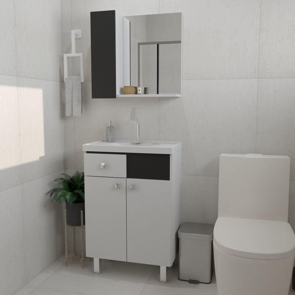 Kit Gabinete de Banheiro 60cm Vittoria Branco/Preto