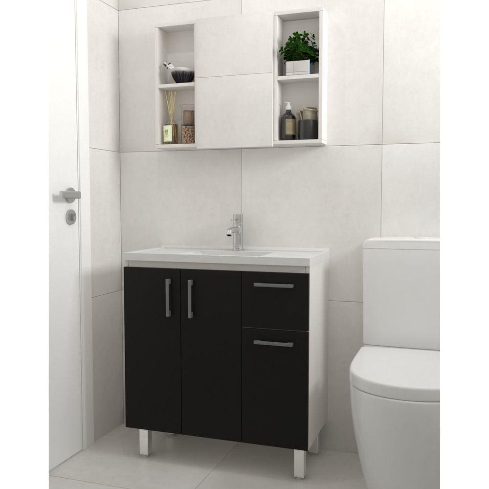 Kit Gabinete de Banheiro Lisboa 80cm Venturi Branco/Preto