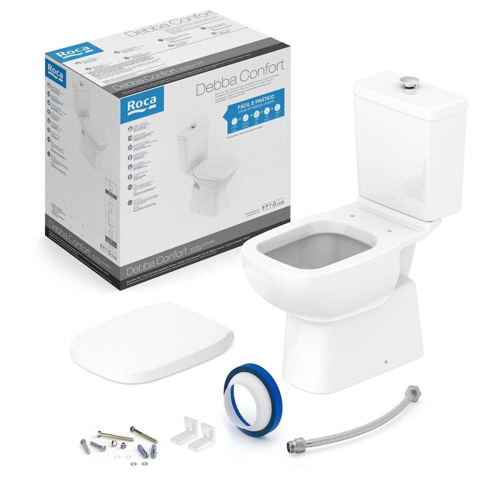 Kit de Bacia com Caixa Acoplada com Botão Elevado com Assento PP e itens de instalação Debba Confort Roca Branco