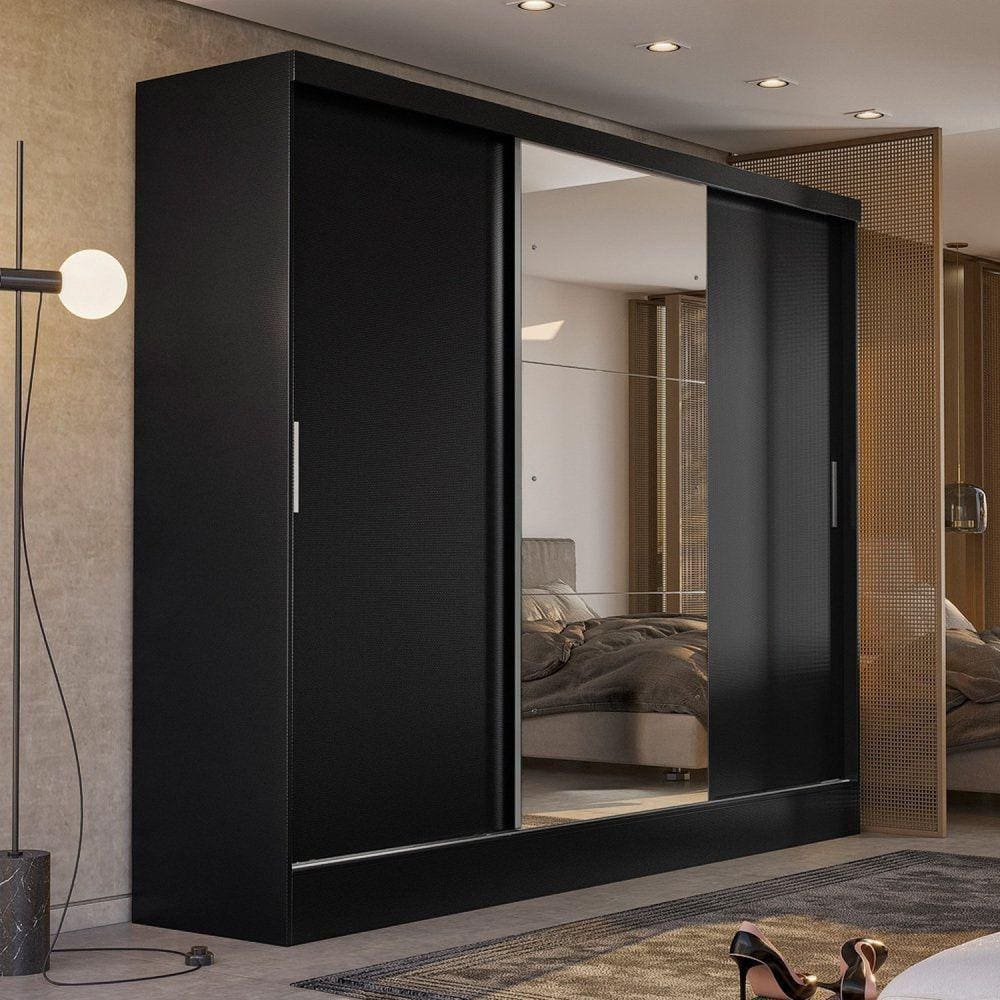 Guarda-Roupa Casal 3 Portas 2 Gavetas Plata Preto - Amendola
