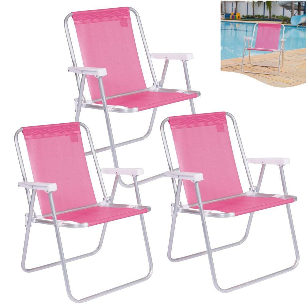 Kit 3 Cadeira Alta Sannet Em Alumínio Para Praia Camping Piscina Jardim Rosa - Mor