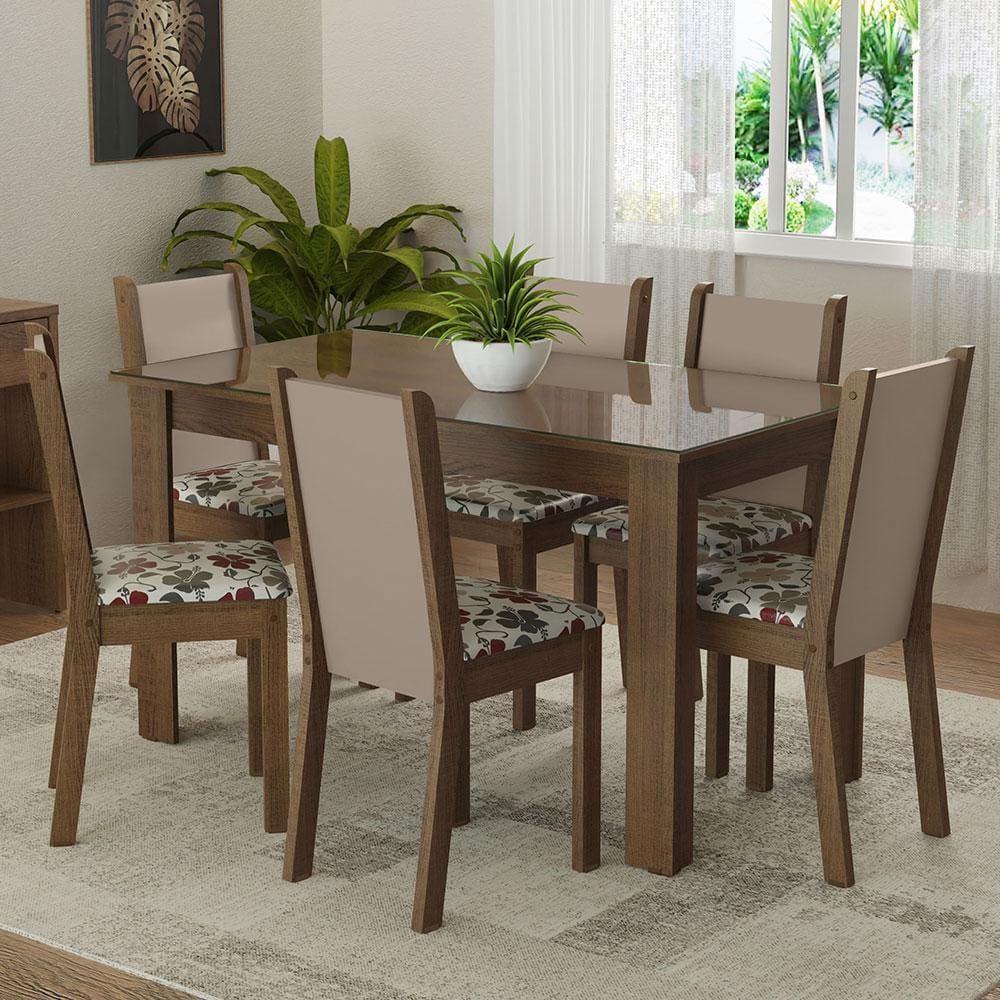 Conjunto Sala de Jantar Mesa Tampo de Vidro 6 Cadeiras Rustic/Crema/Hibiscos Heloísa Madesa