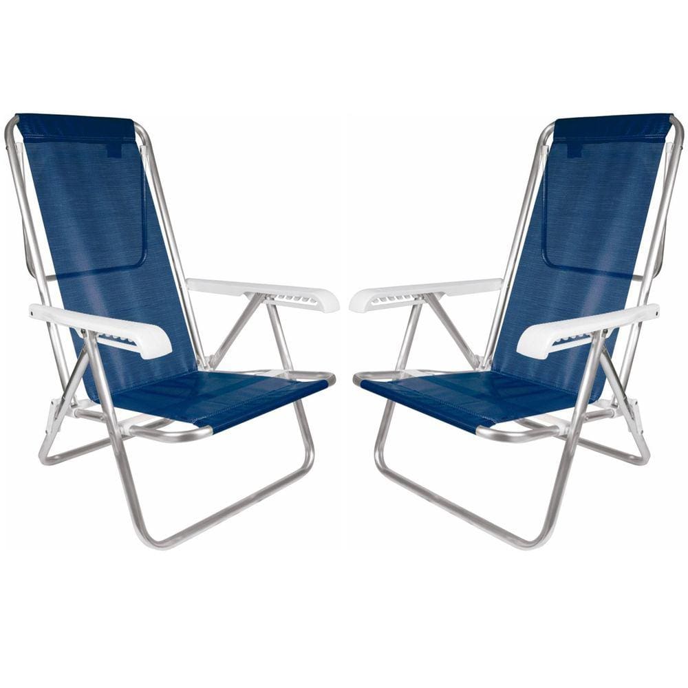 Kit 2 Cadeira De Praia Reclinável 8 Posições Em Alumínio Para Camping Piscina Jardim Azul Marinho - Mor