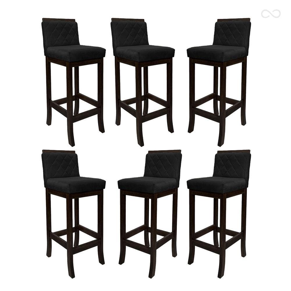Kit 6 Banquetas Média de Madeira Maciça Nice com Encosto Matelassê Suede Preto CCS