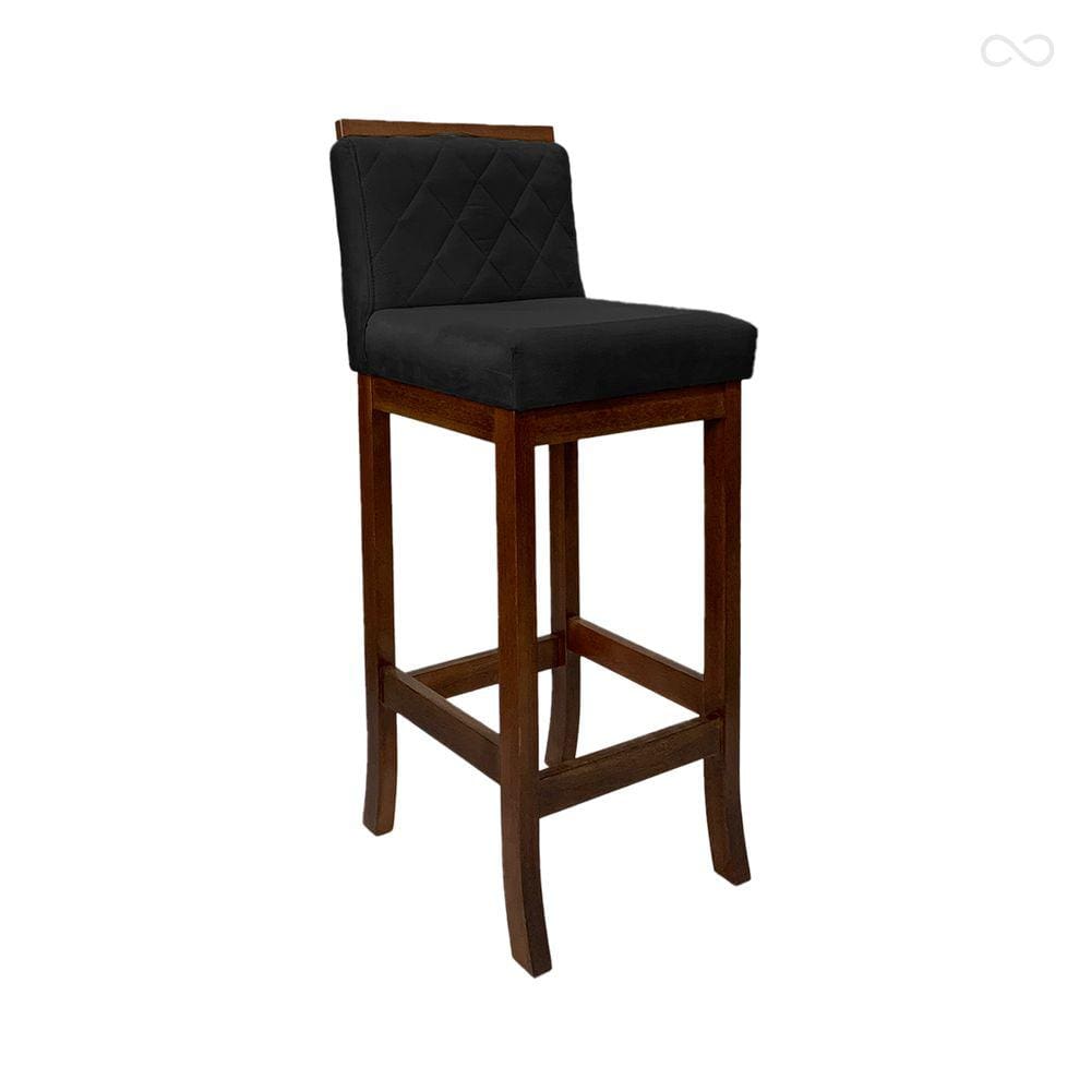 Banqueta Média com Encosto Matelassê Nice Madeira Maciça Suede Preto CCS