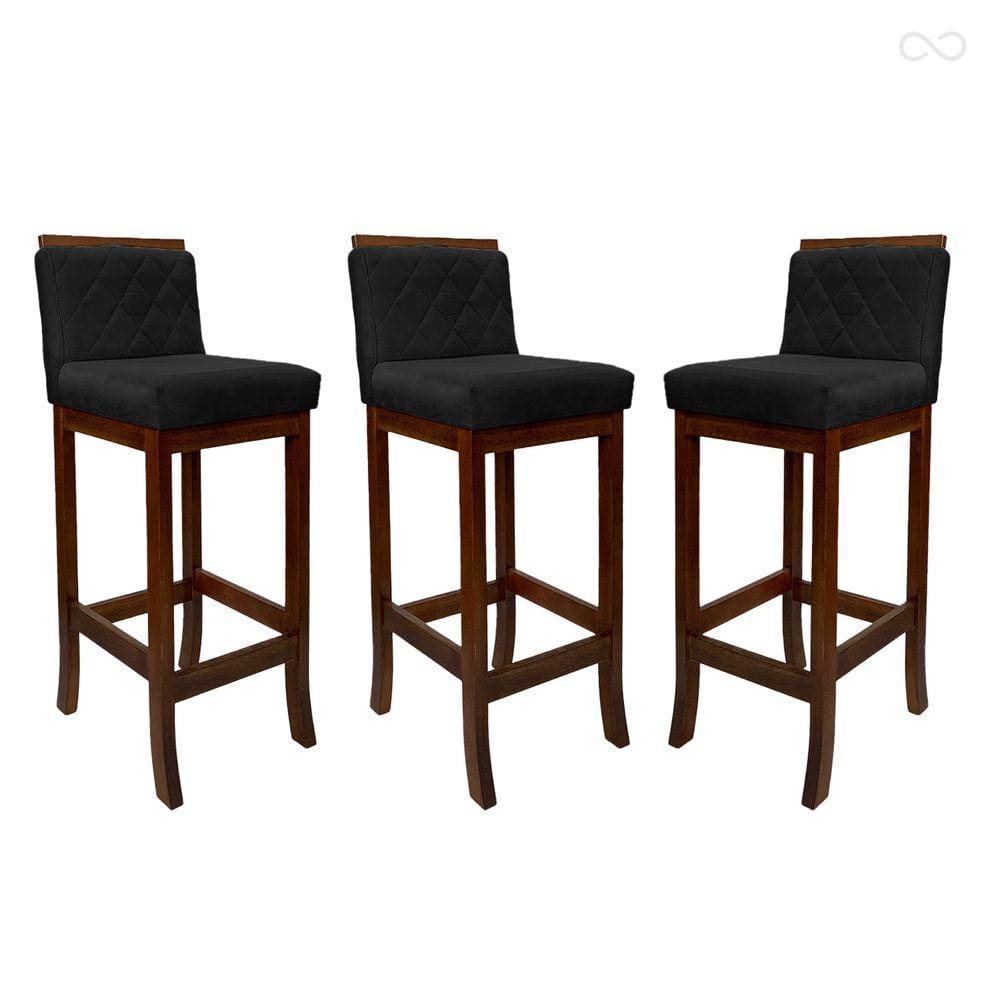 Kit 3 Banquetas Média para Balcão de Cozinha Nice Madeira Matelassê Suede Preto CCS