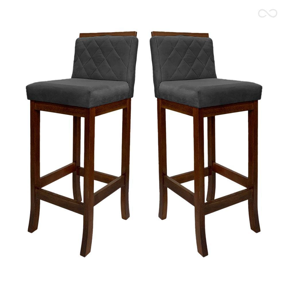 Kit 2 Banquetas Média com Encosto Matelassê Nice Madeira Maciça Suede Cinza CCS