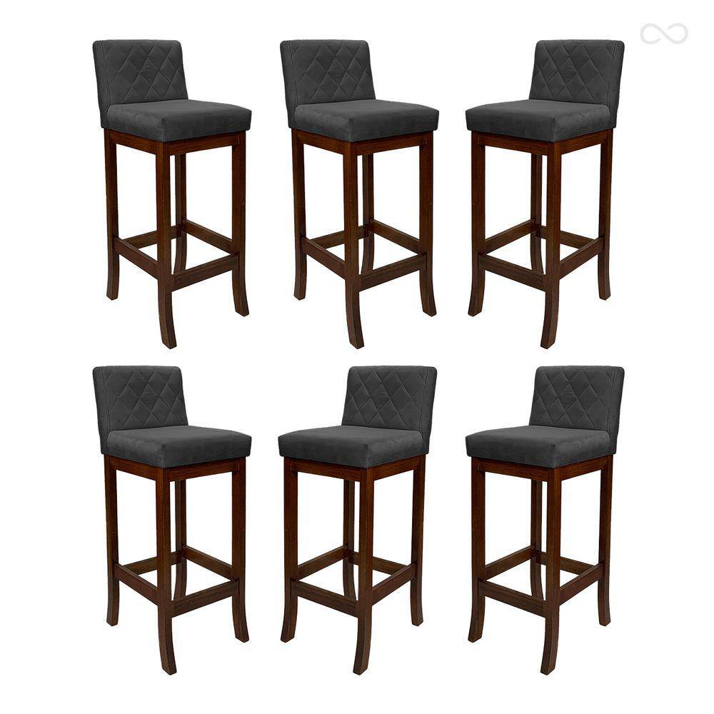 Kit 6 Banquetas Alta para Ilha de Cozinha Tóquio Madeira Maciça Matelassê Suede Cinza CCS