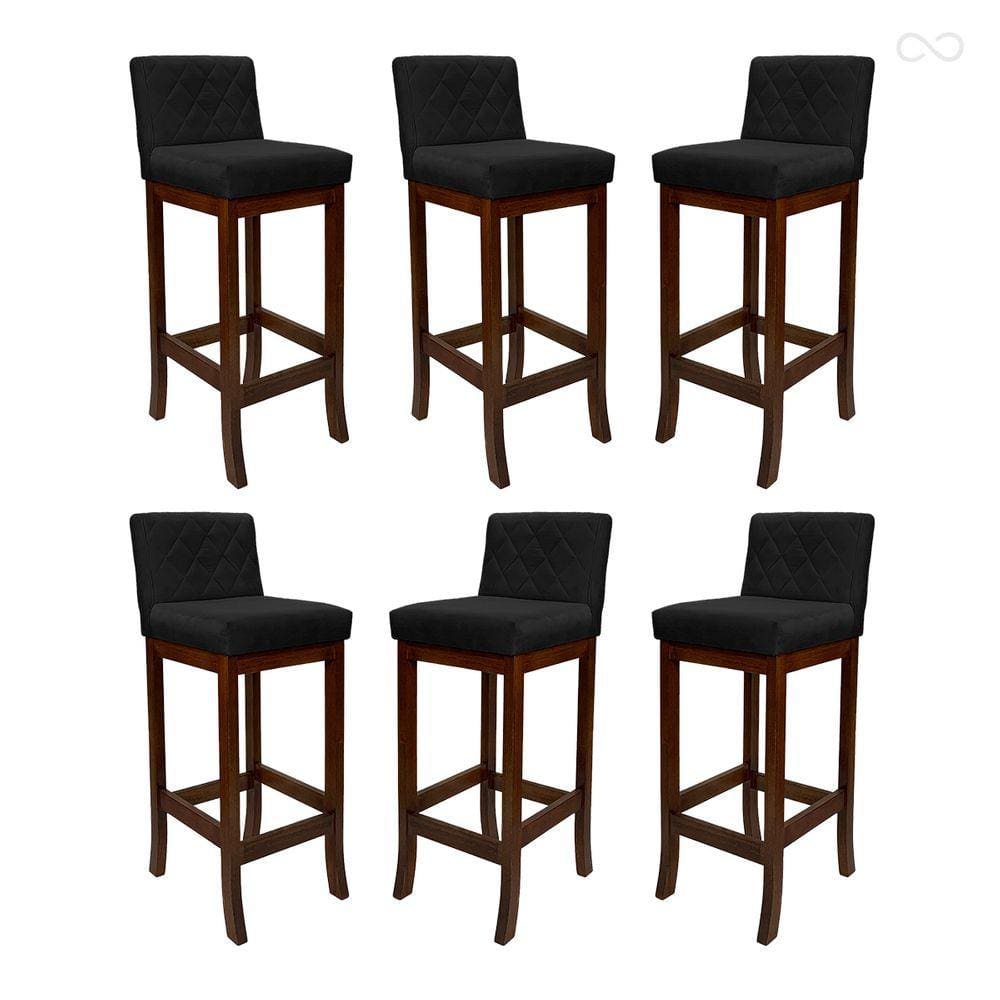 Kit 6 Banquetas Alta para Cozinha Tóquio em Madeira Maciça Matelassê Suede Preto CCS