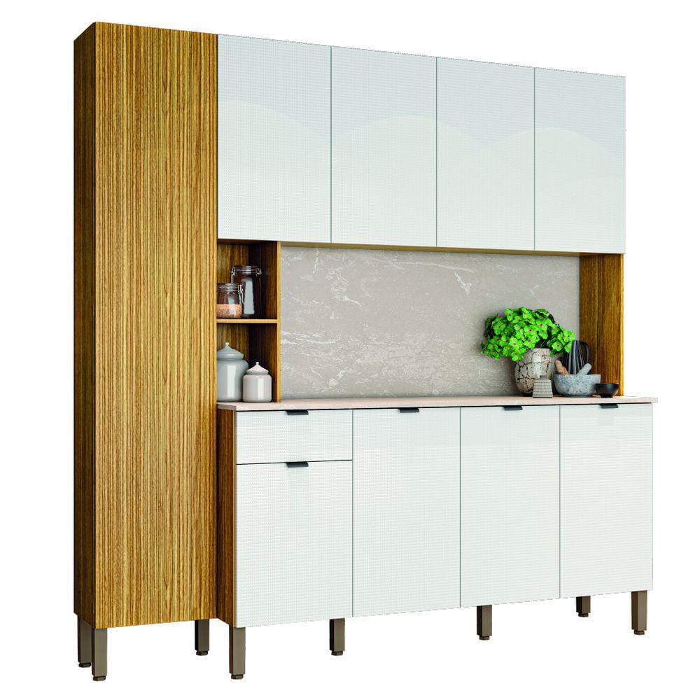 Armário de Cozinha Completa 2m 9 Portas 1 Gaveta Pulse Freijó / Branco Kit`s Paraná