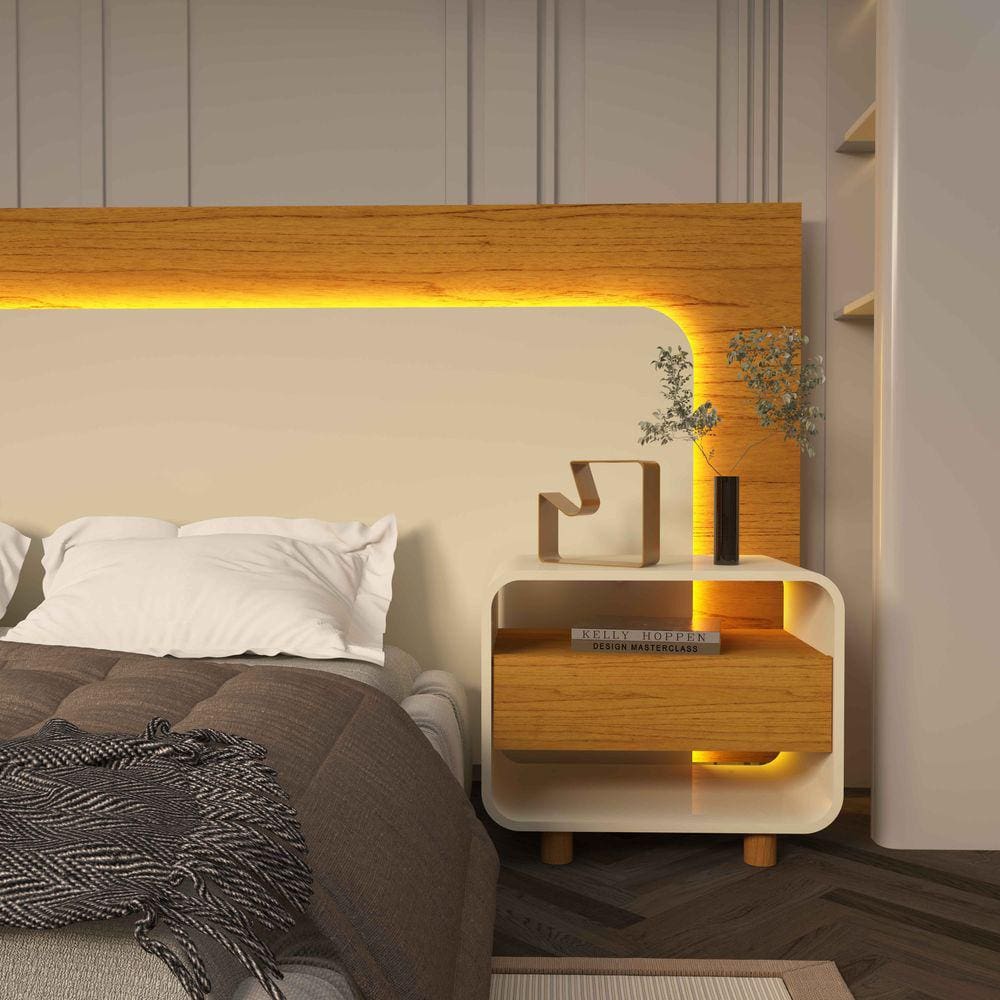 Mesa de Cabeceira Innova 1 Gaveta Pés em Madeira OffWhite Com Naturale - Rede Móveis