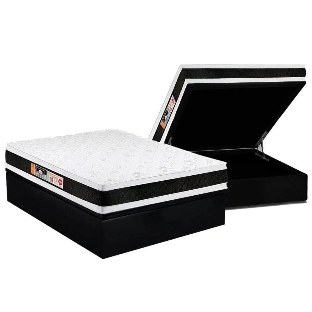 Cama Baú Casal Blindada + Colchão de Espuma Dupla Face Castor D45 Black e White - 138x188x69cm