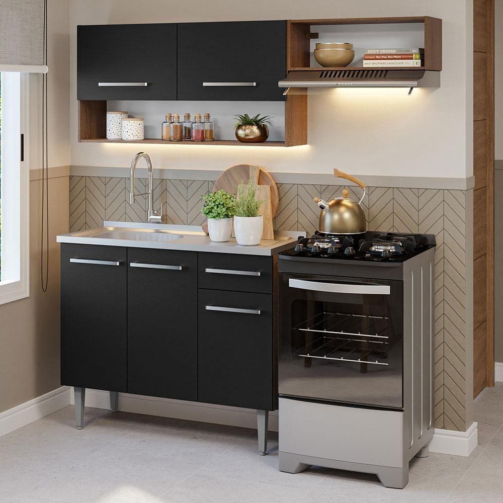 Armário De Cozinha Compacta 165cm Com Pia Rustic-preto Emilly Madesa 09 Rustic-preto
