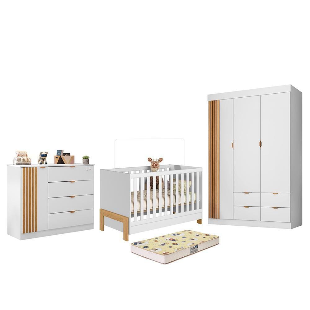 Dormitório Infantil Ayla Guarda Roupa, Cômoda e Berço com Colchão Supreme - Phoenix Baby