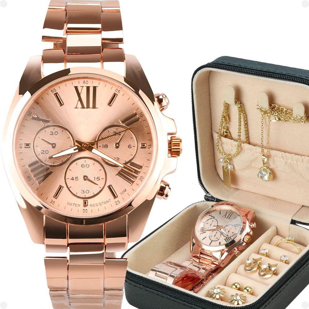 Relogio feminino banhado + pulseira + porta joia + colar