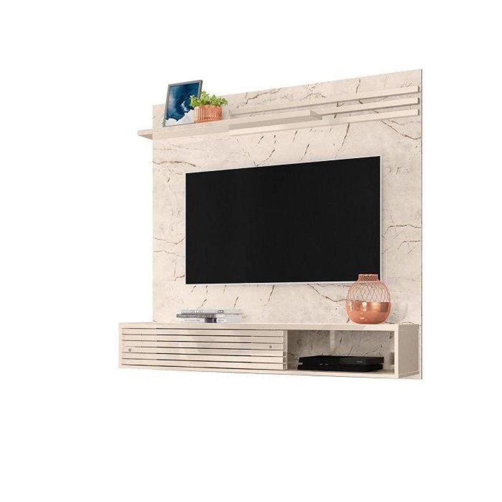 Painel Para TV até 55 Polegadas Bancada Suspensa Frizz Sublime com Luminária de LED Cor Calacata e Off White - Madetec