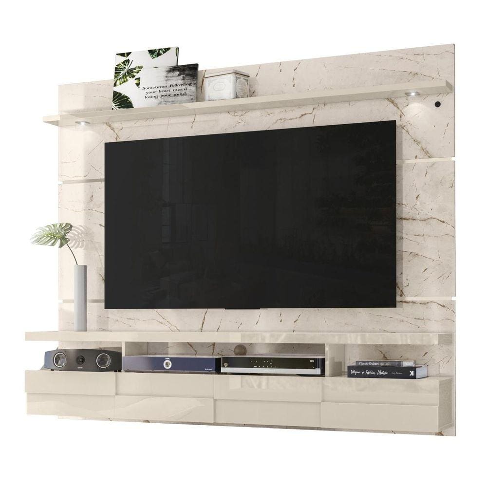 Painel Para TV até 60 Polegadas Bancada Suspensa Lana 1.8 2 Portas com Luminária de LED Cor Calacata e Off White Madetec