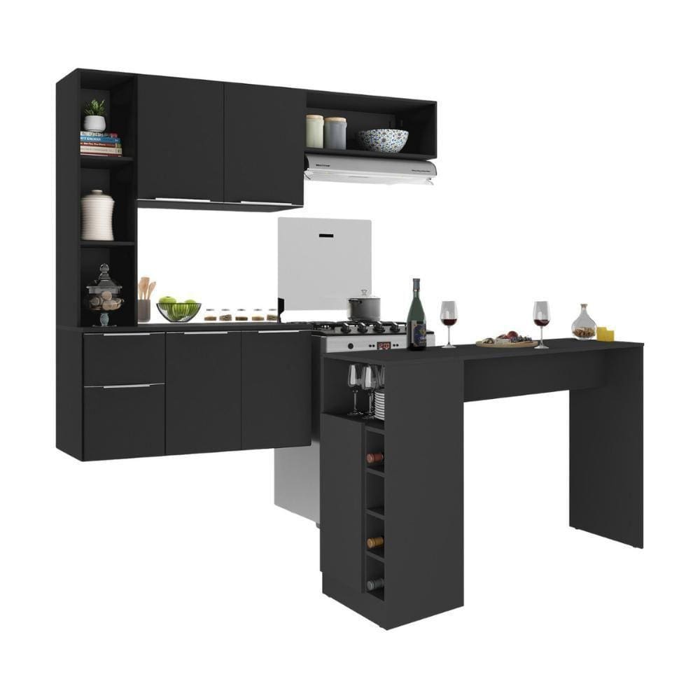 Armário De Cozinha Com Bancada Americana/mesa Gourmet Sofia Multimóveis Mp2195 Preto Preto