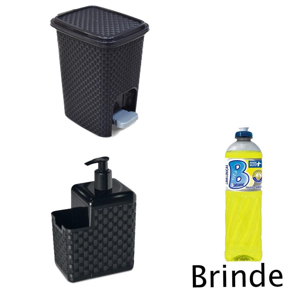 Kit Lixeira 7 Litros Rattan E Dispenser +  Detergente