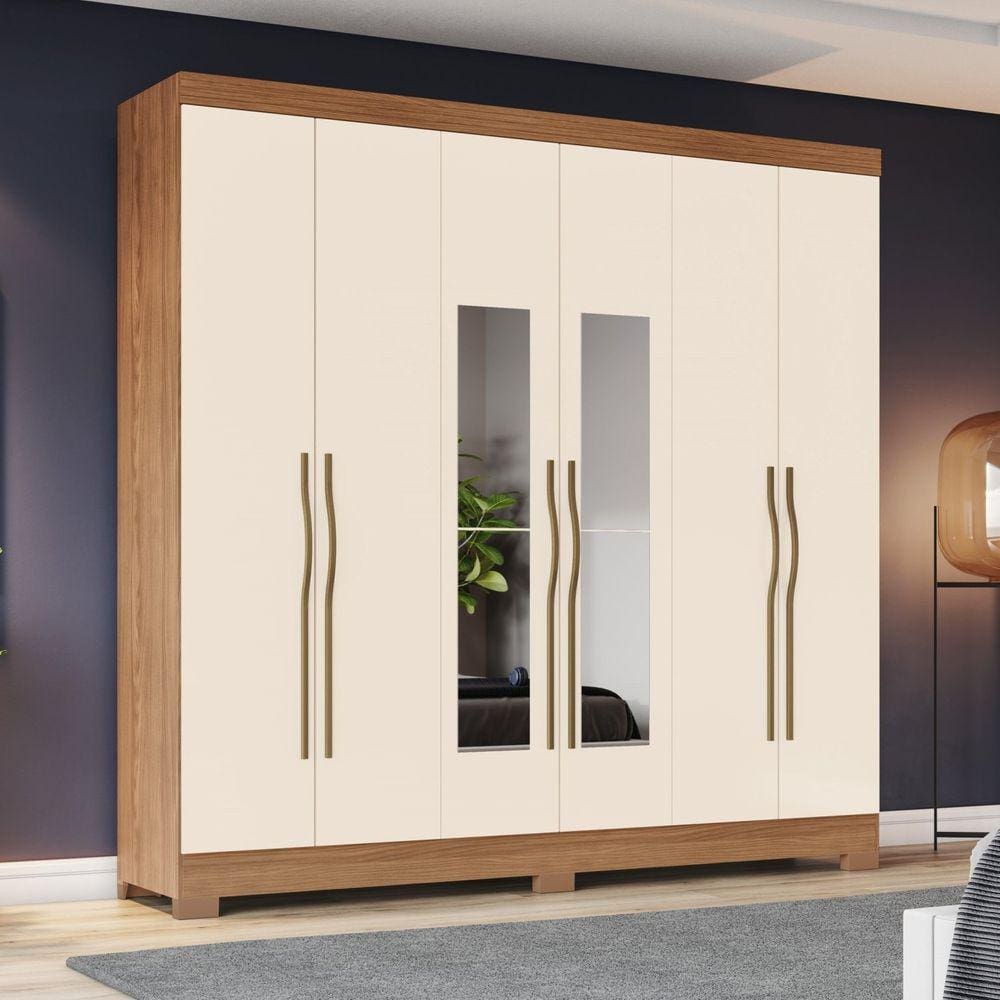 Guarda-roupa 6 Portas 3 Gavetas com Espelho B367 Marrom/Off White