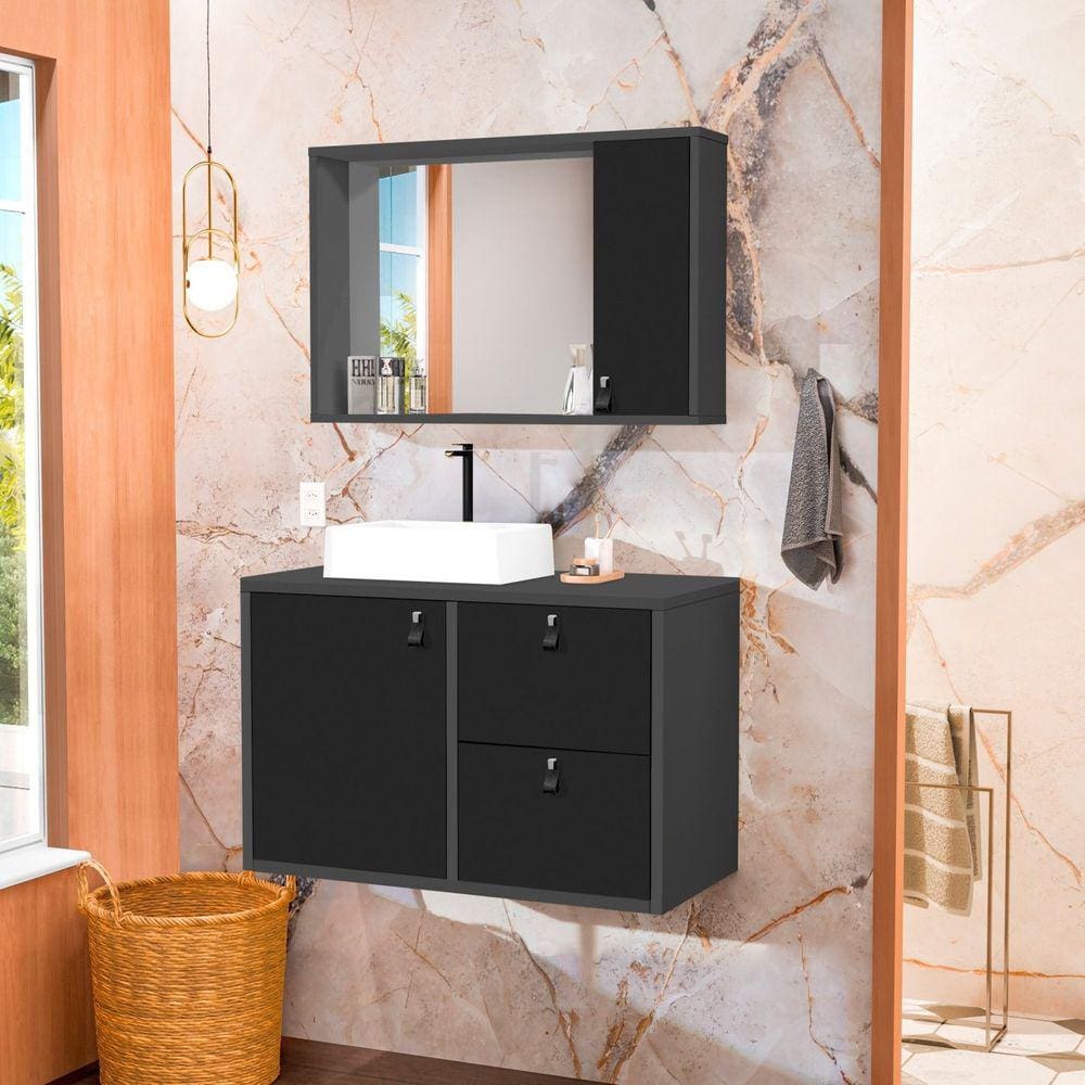 Conjunto Gabinete para Banheiro com Cuba de Sobrepor e Espelheira Toro 80 Cm Grafite / Preto Fosco