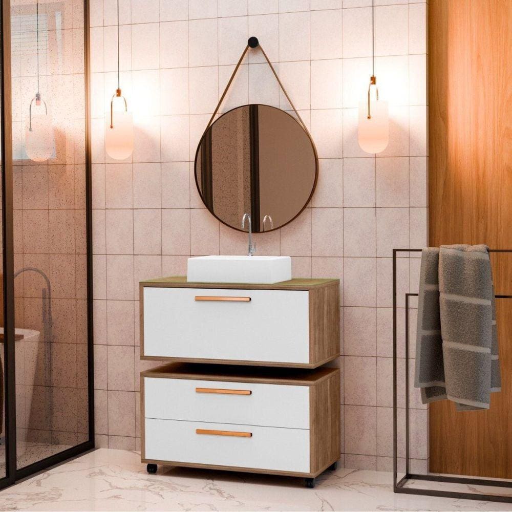 Conjunto Gabinete para Banheiro com Rodízio, Cuba e Espelho Kyoto 80 com Tampo de Vidro Avelato / Branco