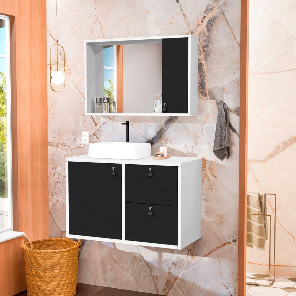 Conjunto Gabinete para Banheiro com Cuba Sobrepor e Espelheira Toro 80 Cm Branco / Preto