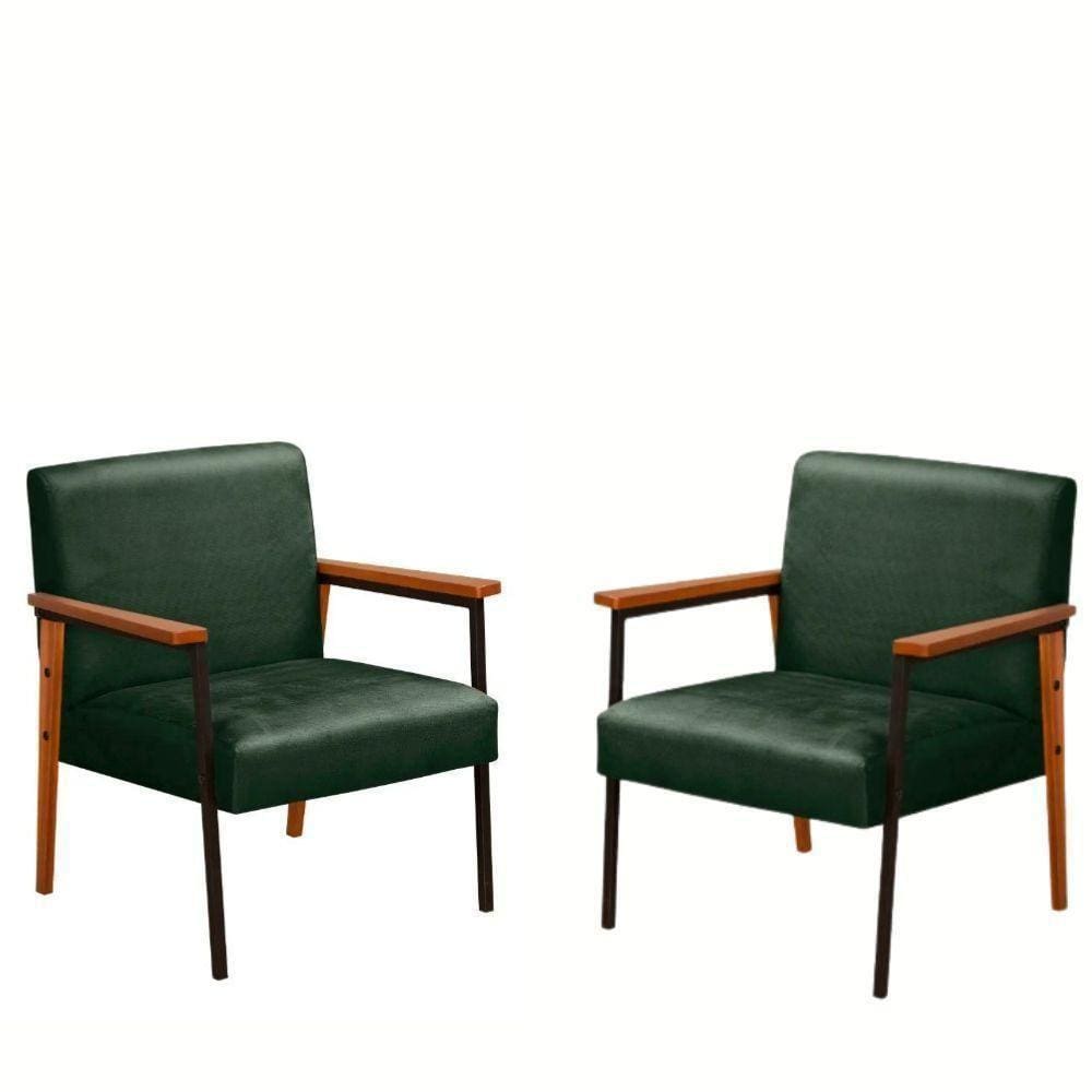 Kit 2 Poltrona Fontana Veludo Verde Base Em Metal Preto E Madeira