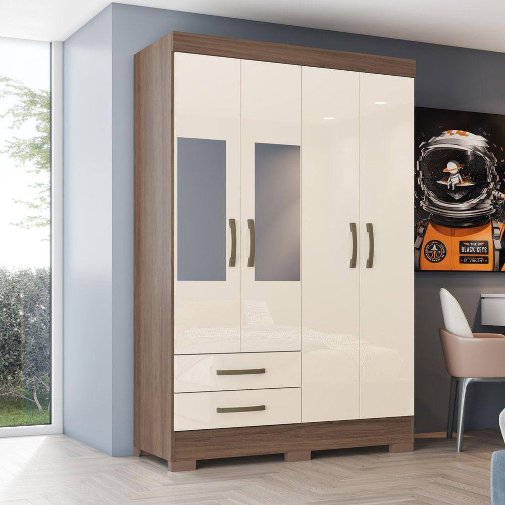 Guarda-roupa Solteiro 4 Portas 2 Gavetas com Espelho B12 Castanho HP/Off White