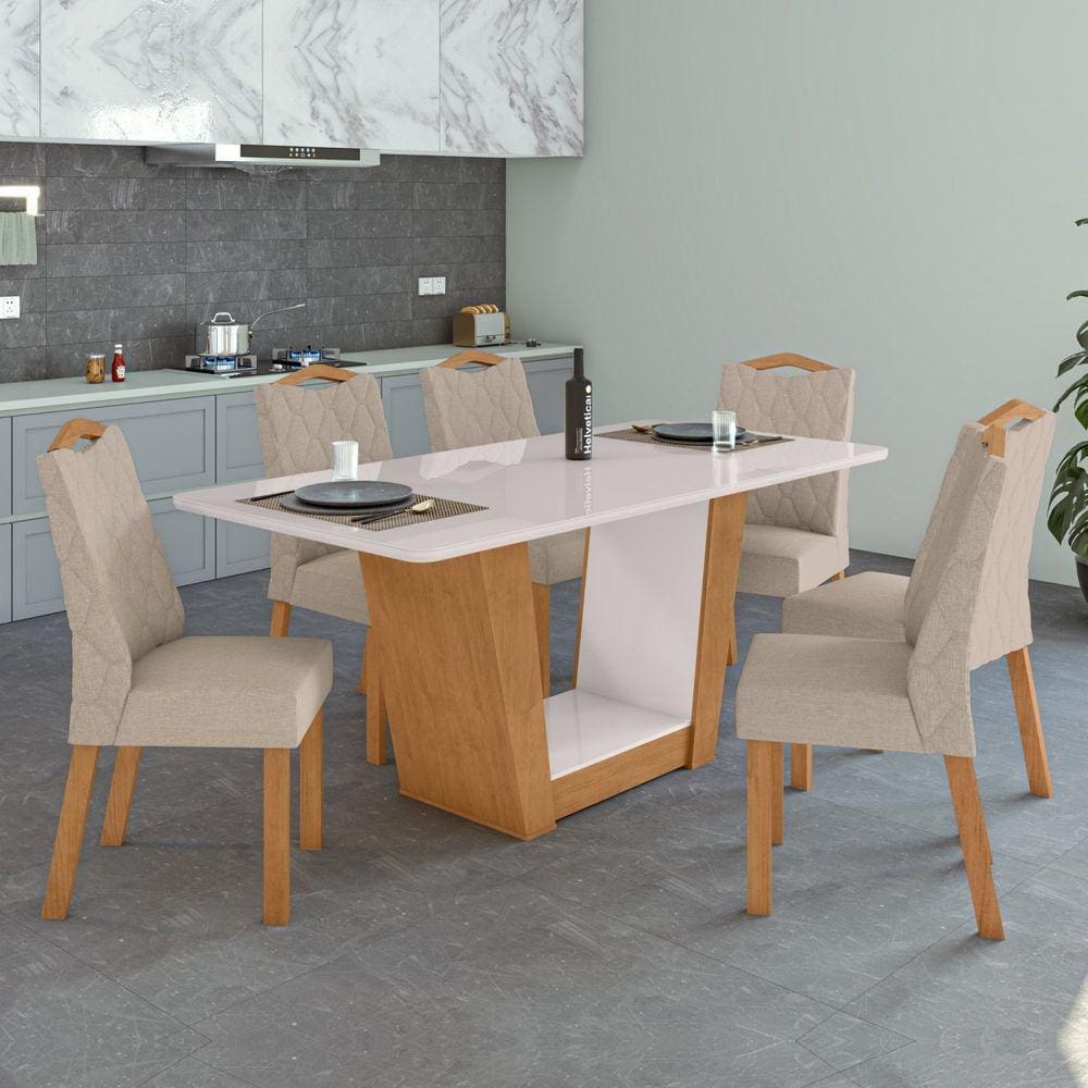 Conjunto Mesa 170cm Apogeu com Vidro e 6 Cadeiras Venus Amêndoa Clean/Off White/ Bege