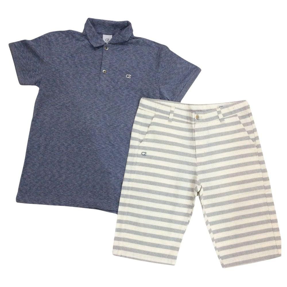 Conjunto Festa Zemar Masc Polo e Bermuda Azul e Cru