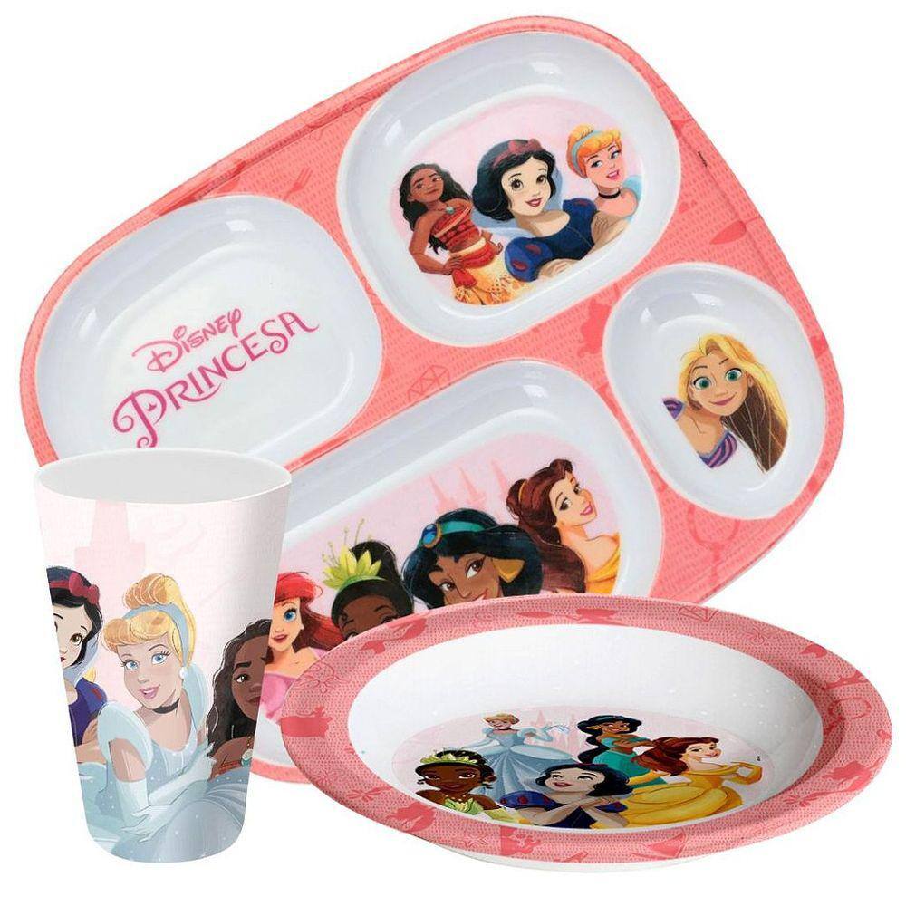 Jogo Refeição Infantil Princesas Disney 3 Peças Prato Divisória, Prato Fundo e Copo Melamina - Tuut