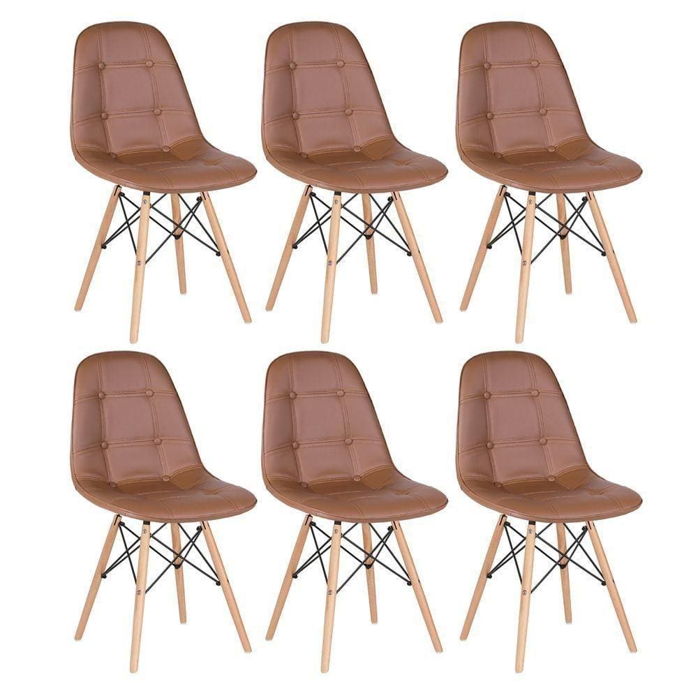 Kit - 6 X Cadeiras Estofadas Eames Eiffel Botonê - Base De Madeira Clara - Marrom