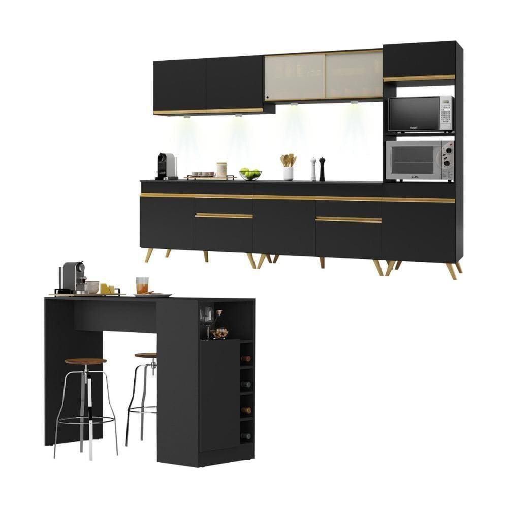 Armário Cozinha Completa Multimóveis Mp2199 Preto/dourado
