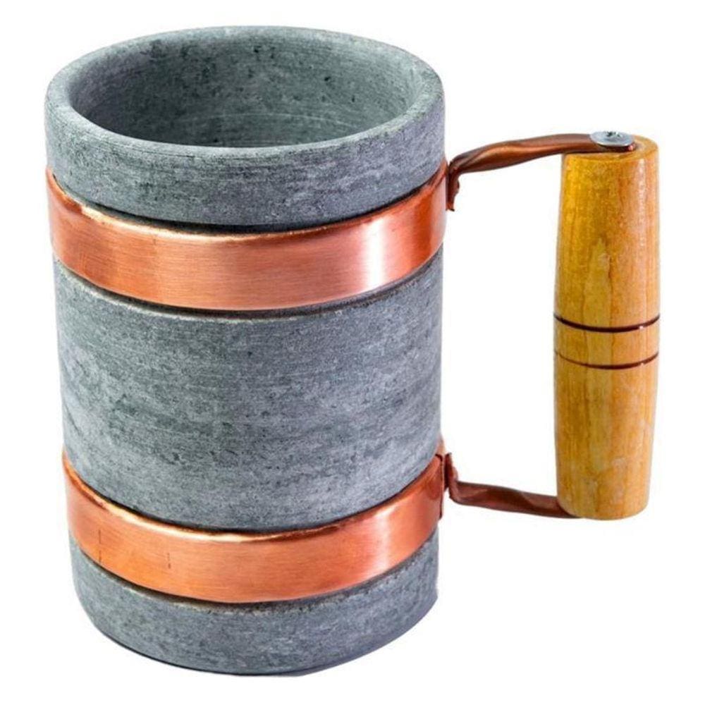 Caneca Alça Cobre E Madeira Pedra Sabão Chopp Cerveja 350Ml