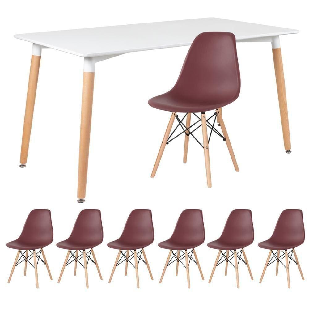 Mesa Retangular 80 X 140 Cm Branco + 6 Cadeiras Marrom