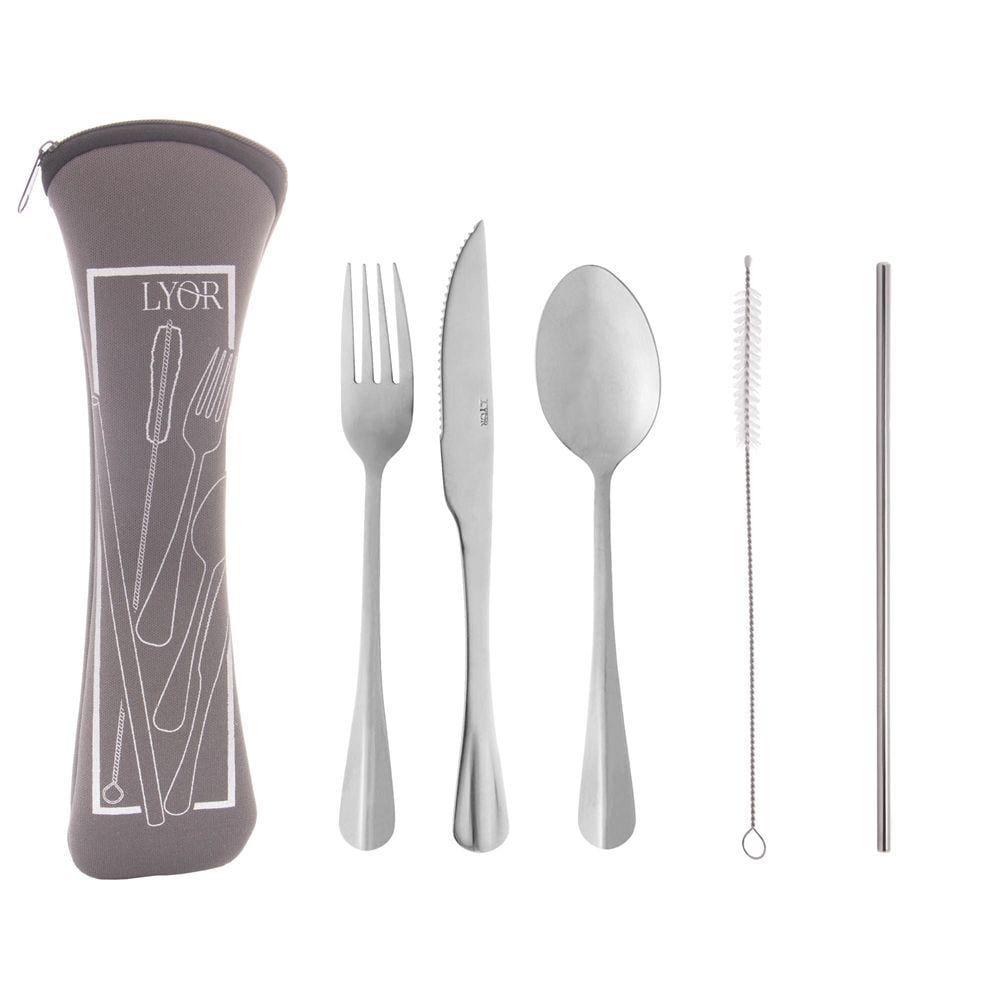 Conjunto 6 Peças Estojo de Neoprene Cinza com 3 Talheres Positano Canudo e Escovinha - Lyor