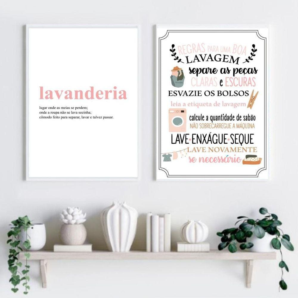 Kit 2 Quadros Lavanderia Soft - Rosa 24X18Cm - Com Vidro