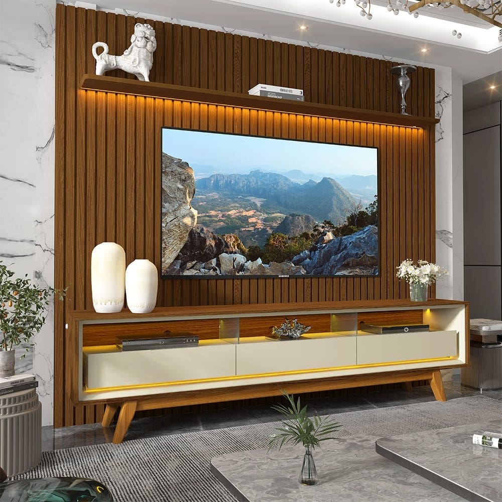 Rack Com Painel Ripado Para TV Até 85 Polegadas Com Led Nobre 230 Kit Pé Castanho Gelius Móveis
