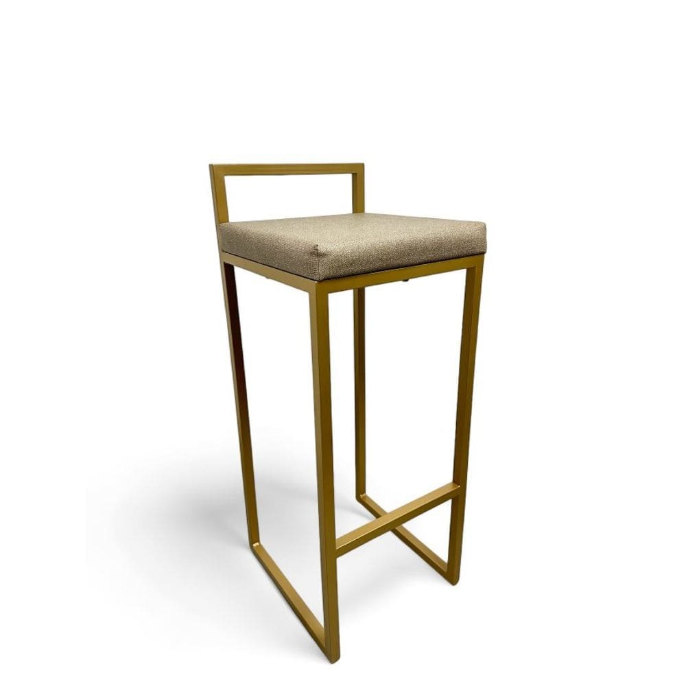 Banqueta Quadro Estofado Bege com Encosto Metalon Dourado