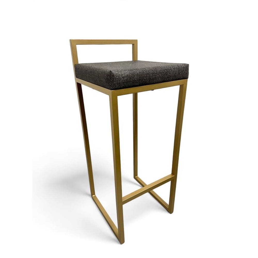 Banqueta Quadro Estofado Cinza com Encosto Metalon Dourado