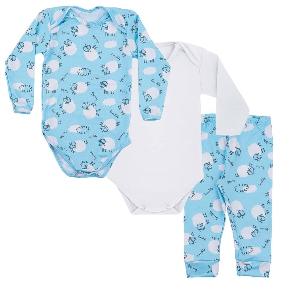 Kit Pijama Térmico 3 Peças Bebê Energy Thermo Dry Carneirinhos Azul Everly