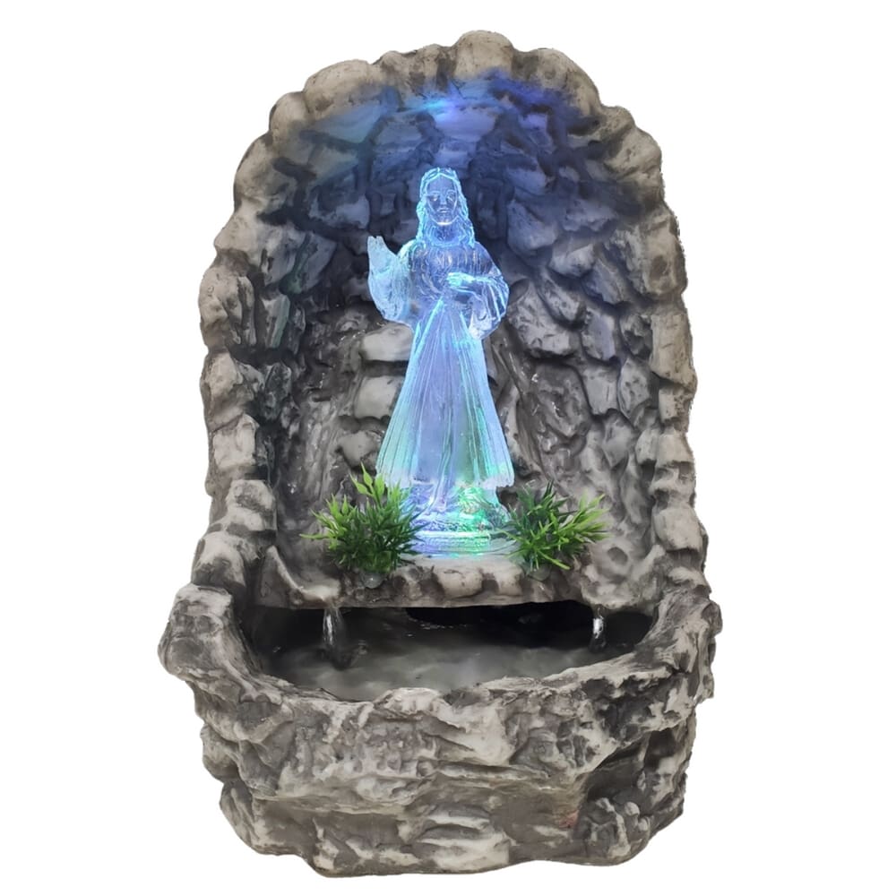 Fonte de água decorativa Jesus Cristo gruta com luz colorida